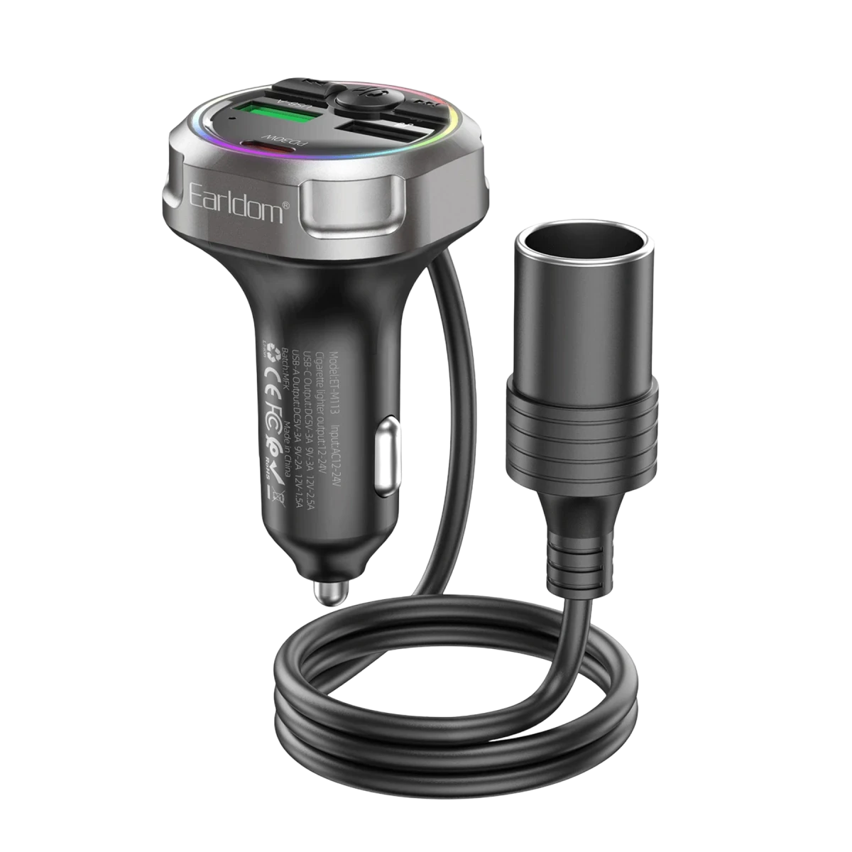 Earldom M113 Bluetooth USB Type-C ve Çakmaklık Çıkışlı Hızlı Araç Şarjı - Siyah