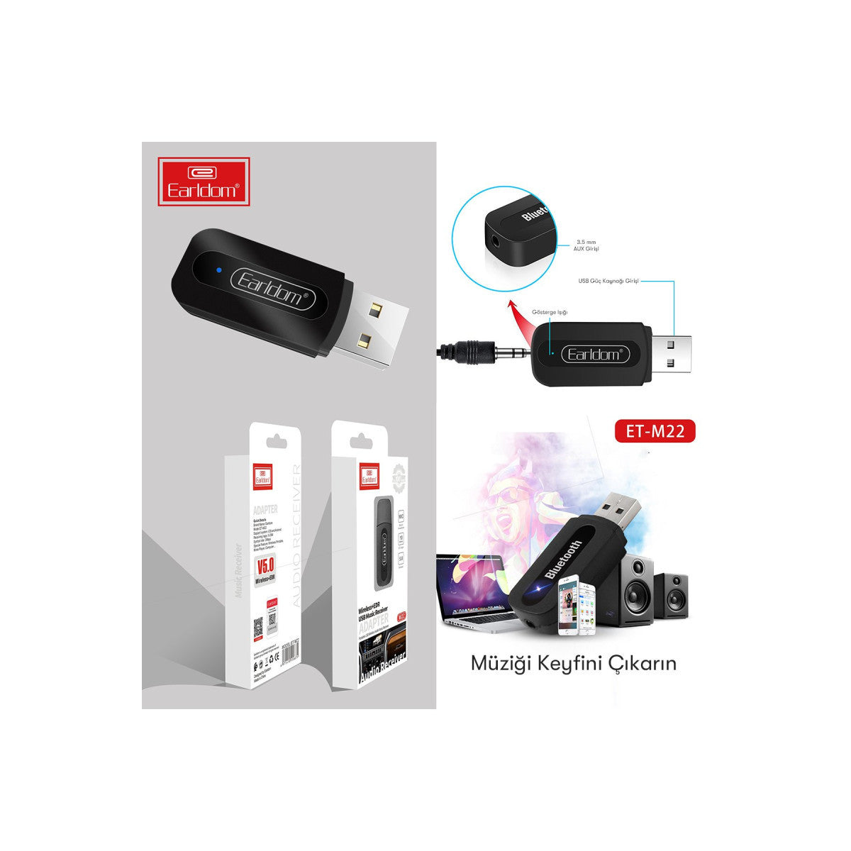 Earldom M22 Bluetooth 5.0 Usb Aux Dönüştürücü