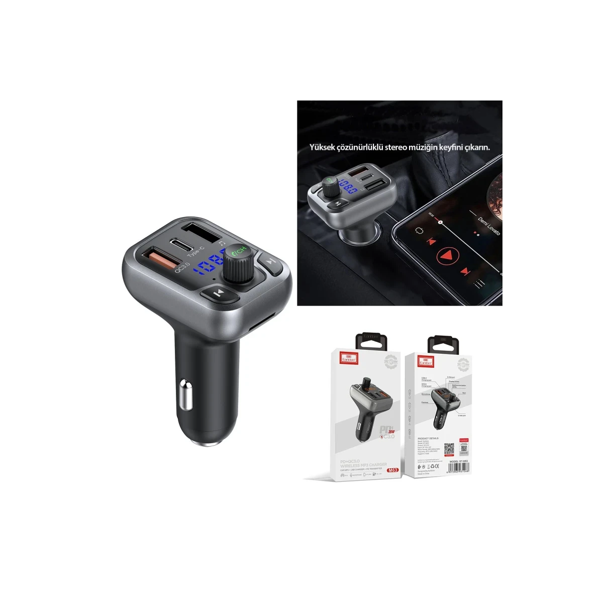 Earldom M63 Bluetooth USB 3.0 ve Type-C PD Hızlı Şarj FM Transmitter - Siyah