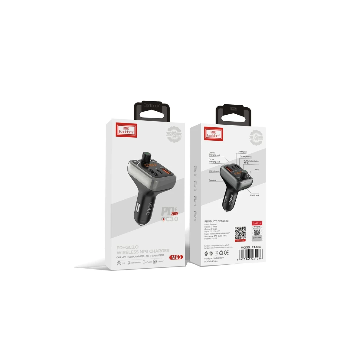 Earldom M63 Bluetooth USB 3.0 ve Type-C PD Hızlı Şarj FM Transmitter - Siyah
