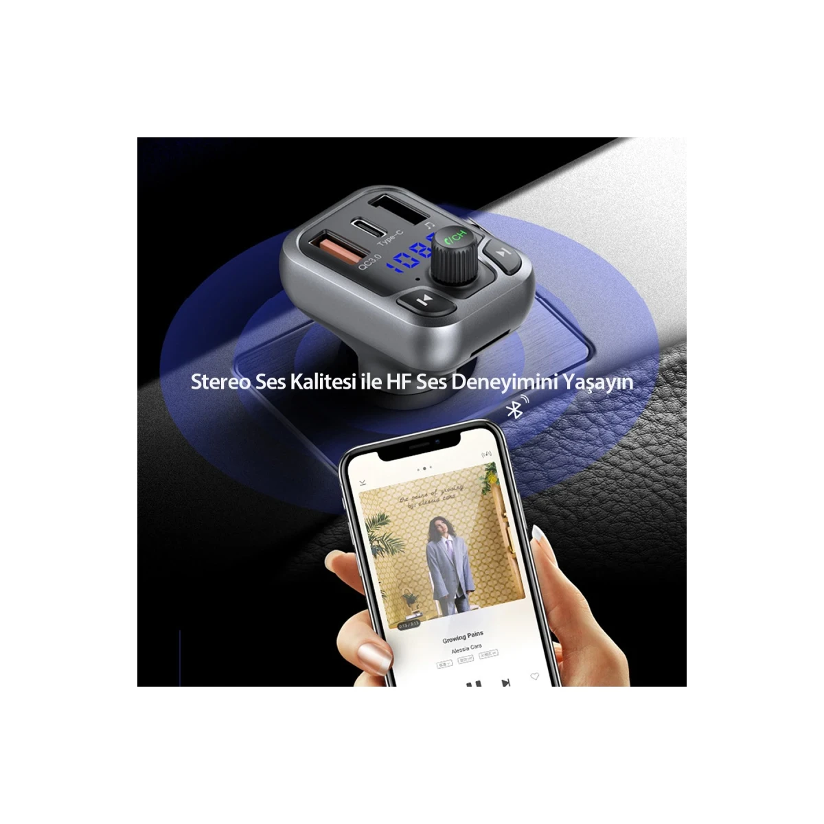 Earldom M63 Bluetooth USB 3.0 ve Type-C PD Hızlı Şarj FM Transmitter - Siyah