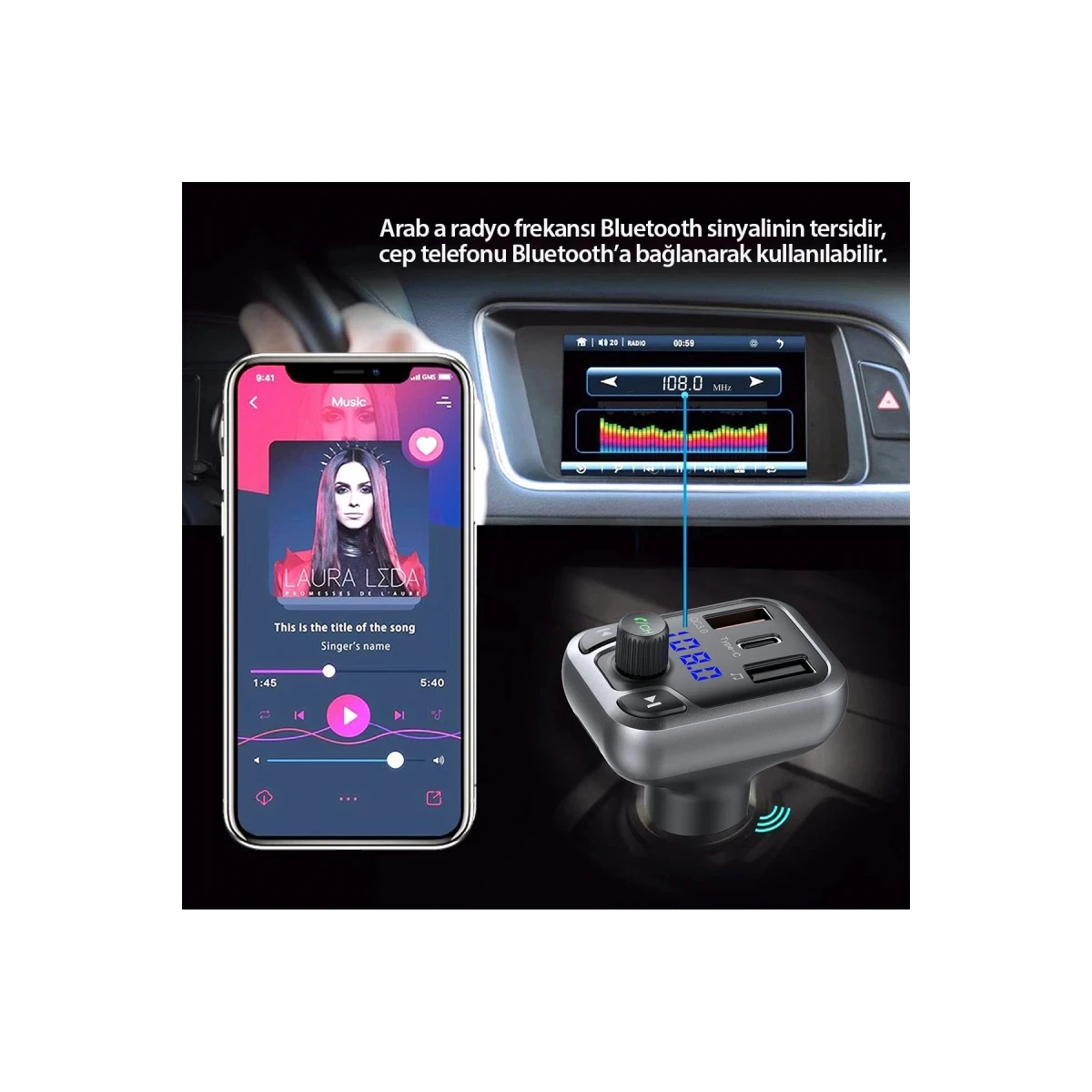 Earldom M63 Bluetooth USB 3.0 ve Type-C PD Hızlı Şarj FM Transmitter - Siyah