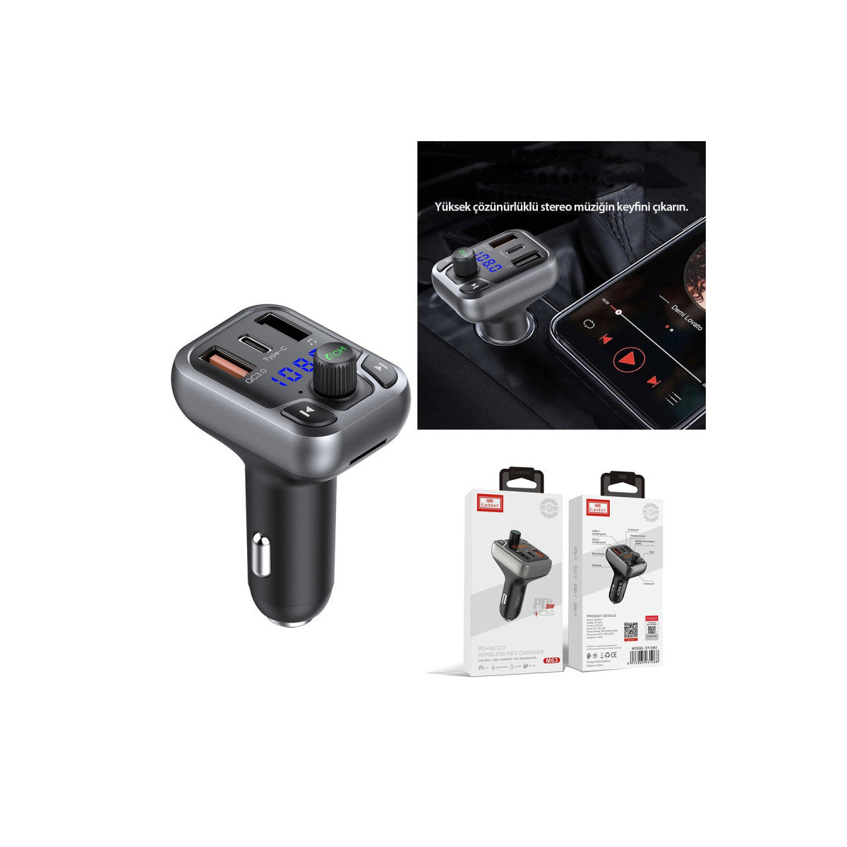 Earldom M63 Bluetooth USB 3.0 ve Type-C PD Hızlı Şarj FM Transmitter