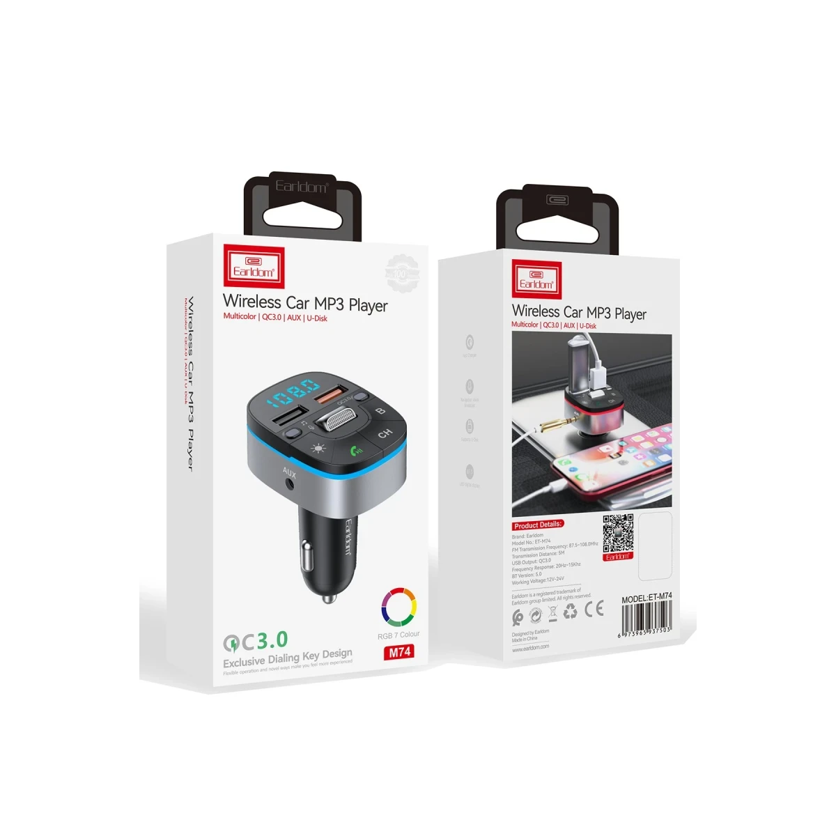 Earldom M74 Bluetooth USB 3.0 Dijital Ekranlı FM Transmitter - Siyah