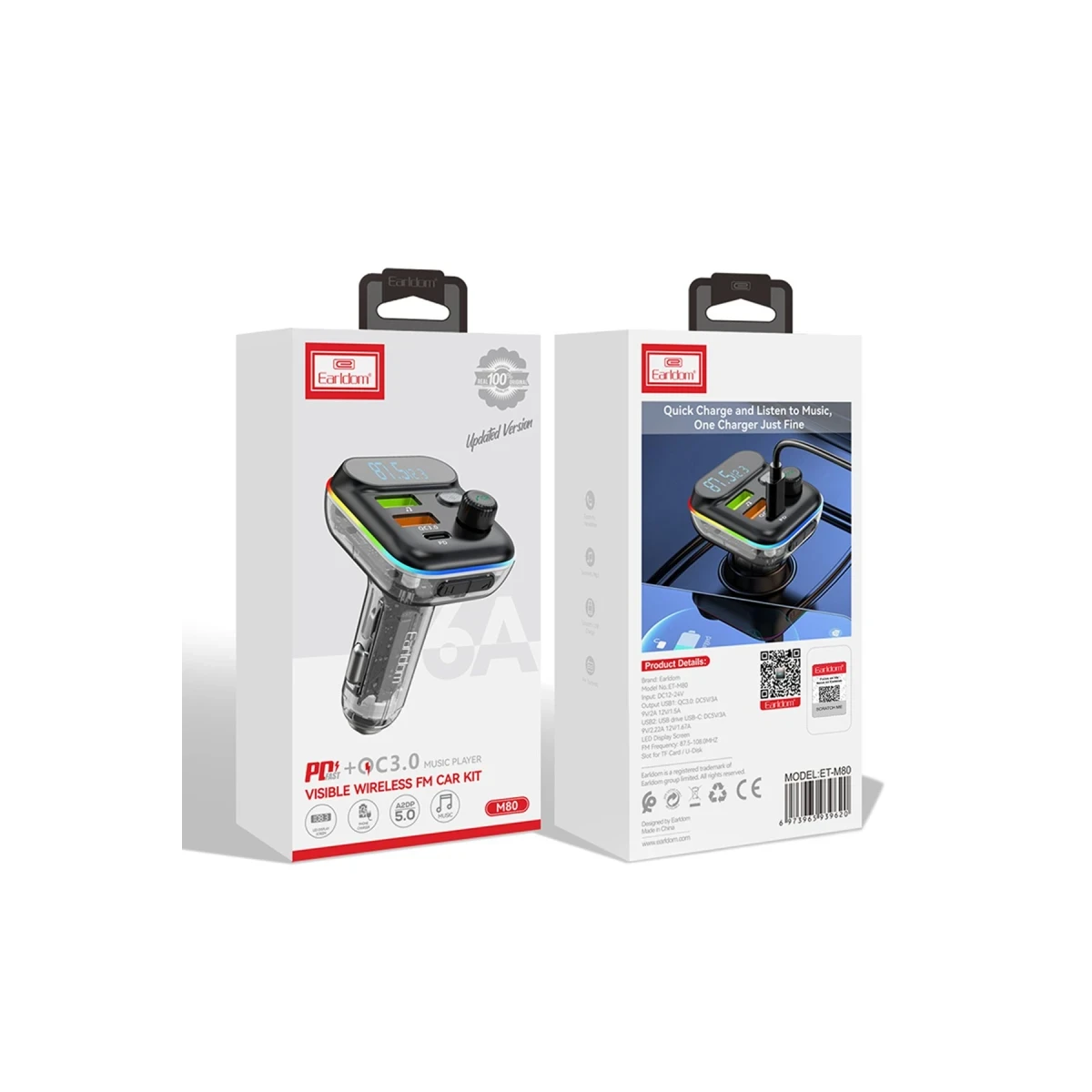 Earldom M80 Bluetooth USB 3.0 ve Type C PD Hızlı Şarj FM Transmitter - Siyah