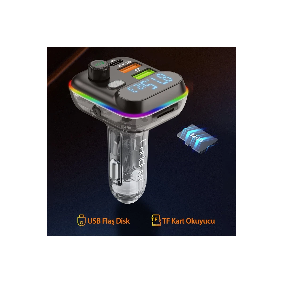 Earldom M80 Bluetooth USB 3.0 ve Type C PD Hızlı Şarj FM Transmitter - Siyah