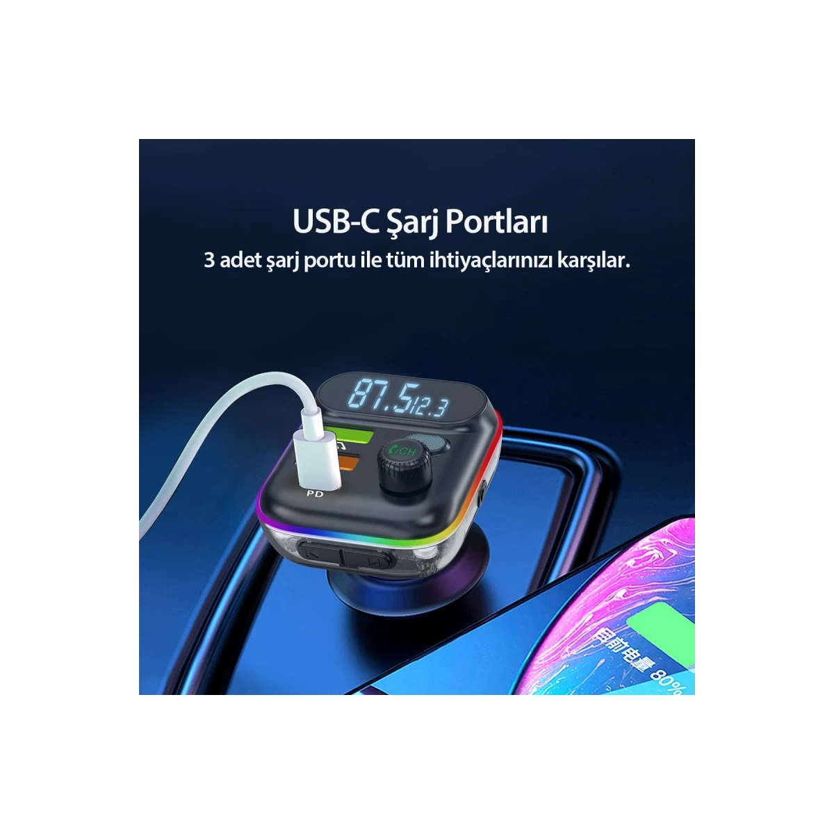 Earldom M80 Bluetooth USB 3.0 ve Type C PD Hızlı Şarj FM Transmitter - Siyah