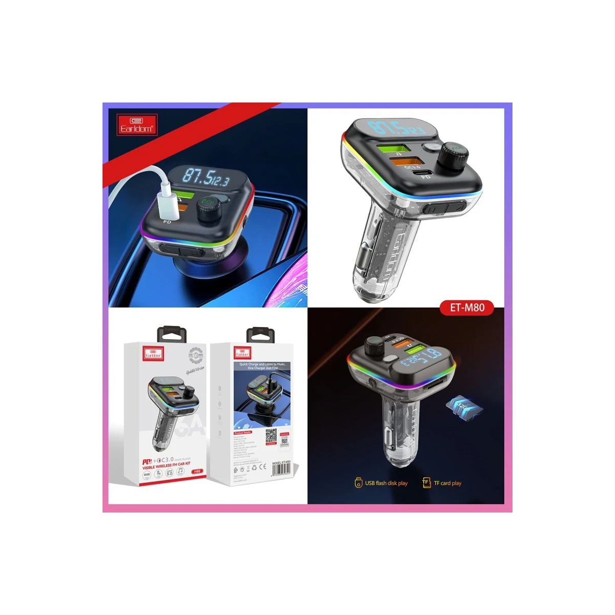 Earldom M80 Bluetooth USB 3.0 ve Type C PD Hızlı Şarj FM Transmitter - Siyah