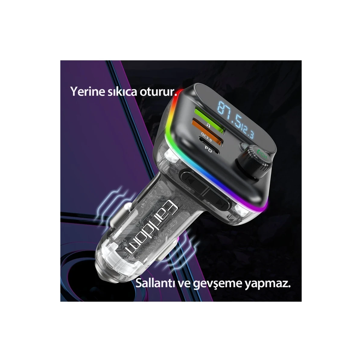 Earldom M80 Bluetooth USB 3.0 ve Type C PD Hızlı Şarj FM Transmitter - Siyah