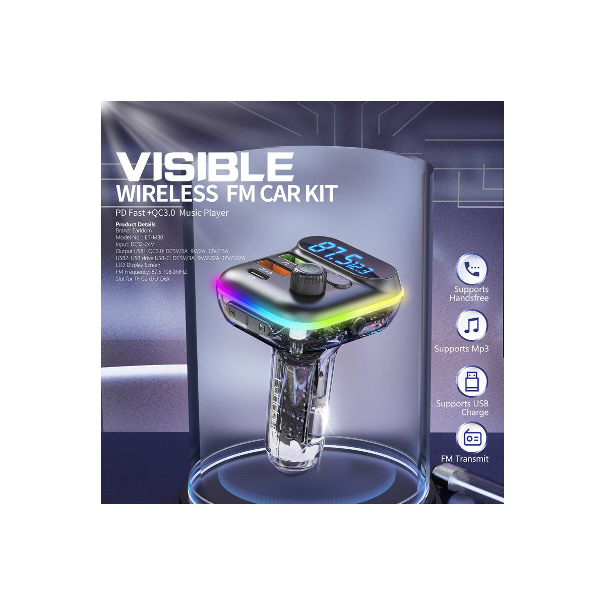 Earldom M80 Bluetooth USB 3.0 ve Type C PD Hızlı Şarj FM Transmitter