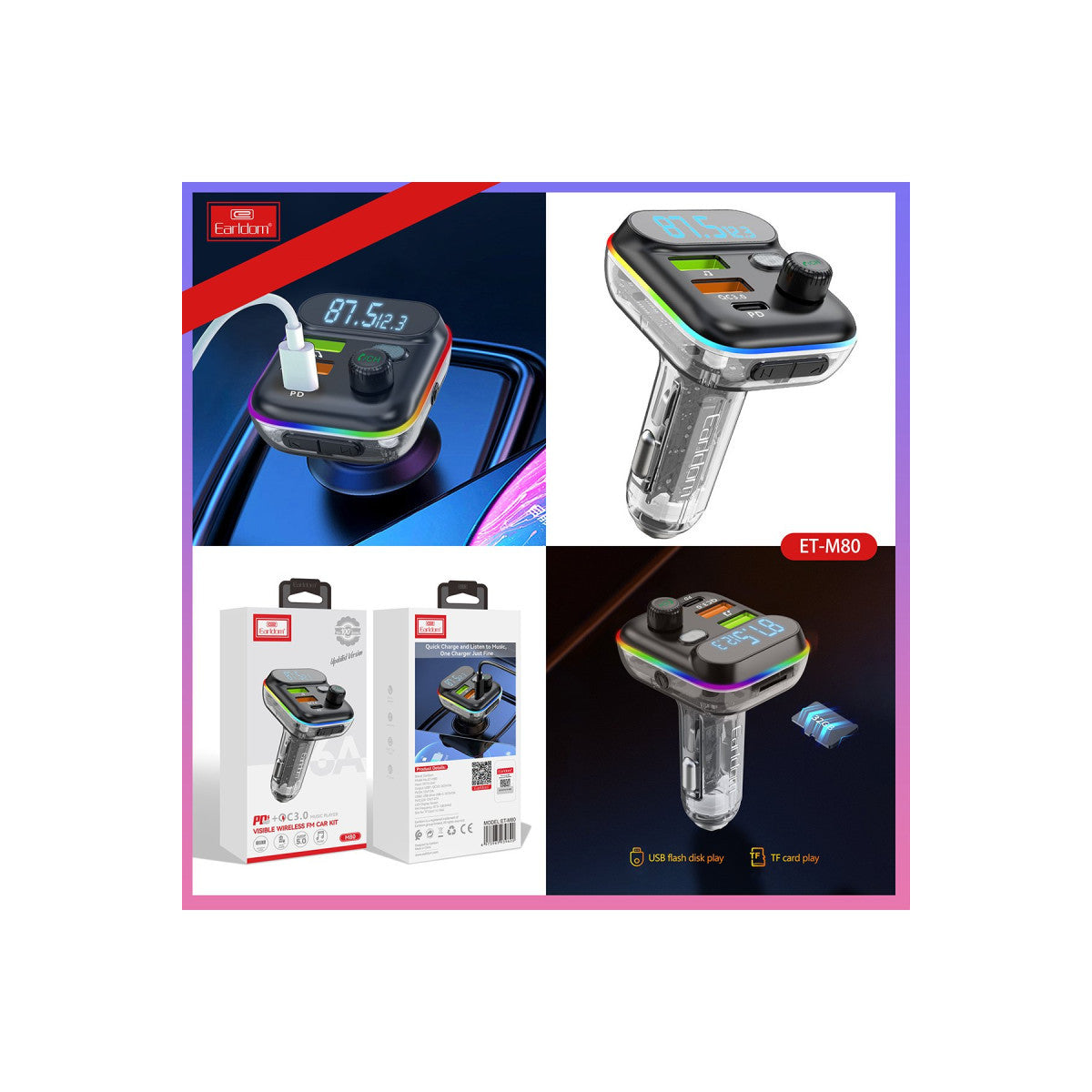 Earldom M80 Bluetooth USB 3.0 ve Type C PD Hızlı Şarj FM Transmitter