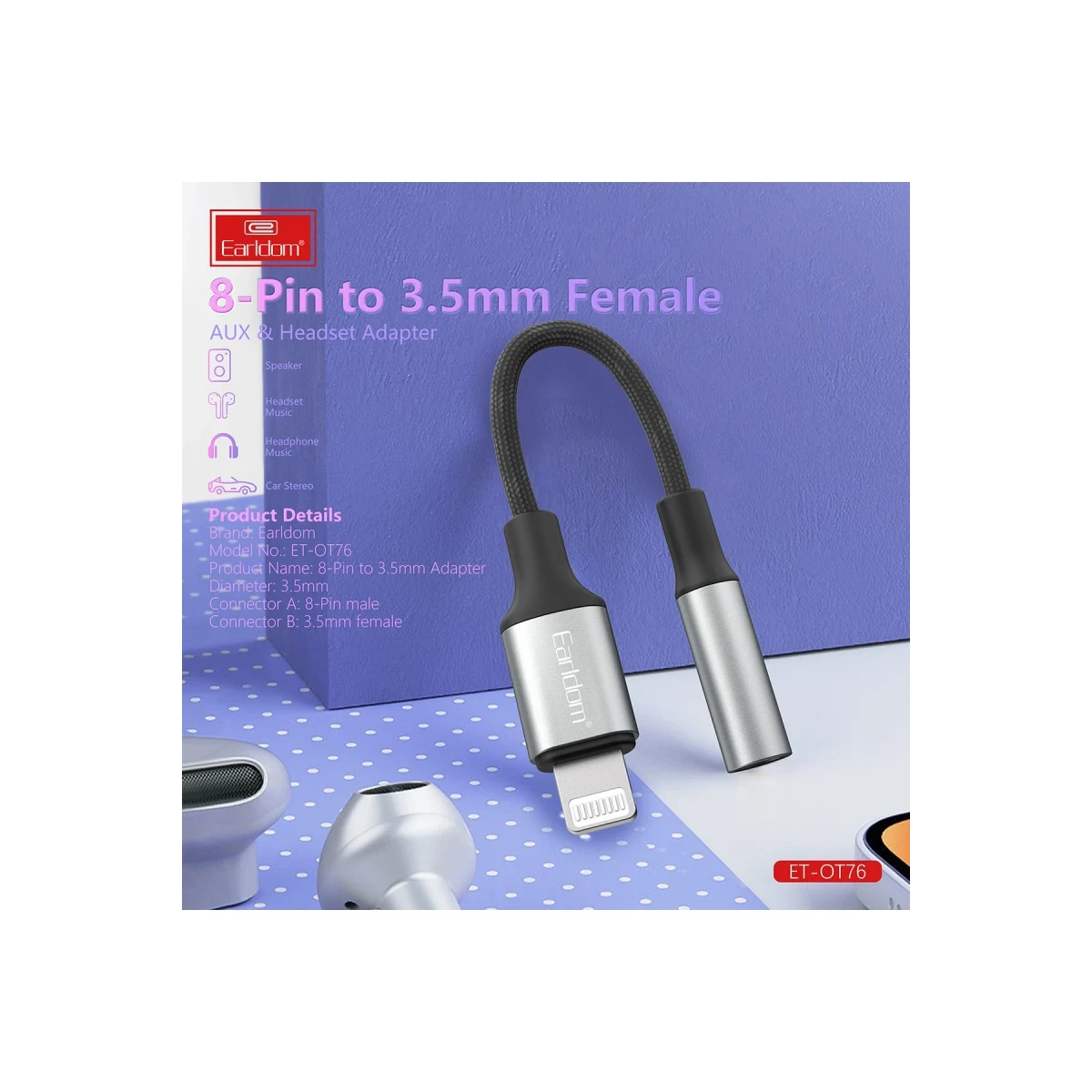 Earldom OT76 Tak Çalıştır 12cm Lightning to Aux Dönüştürücü - Gri