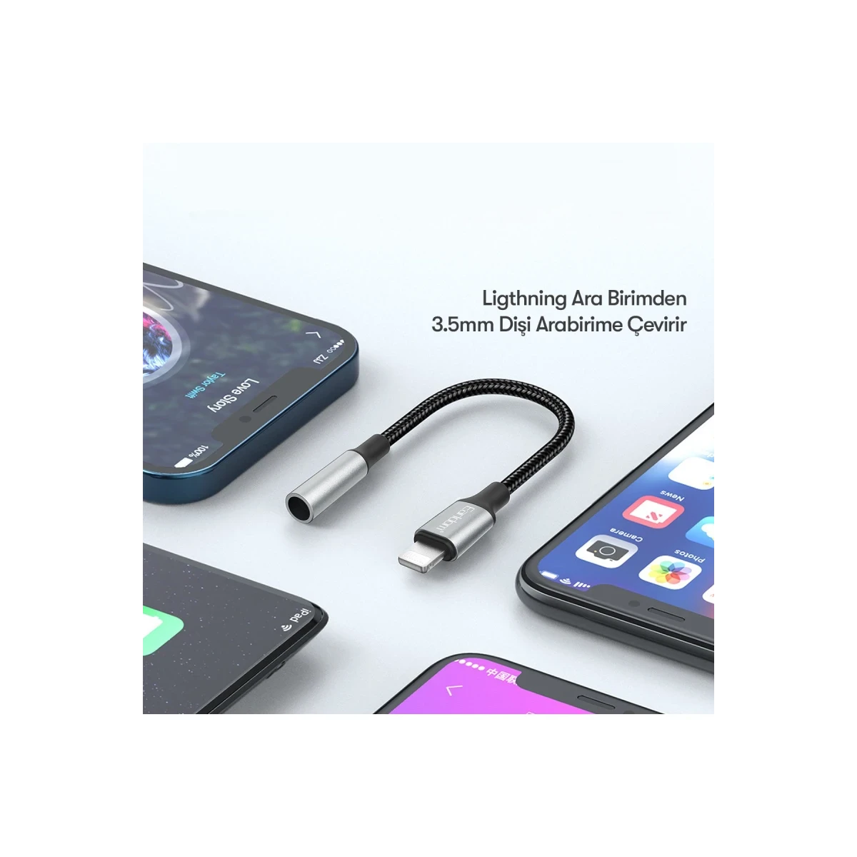 Earldom OT76 Tak Çalıştır 12cm Lightning to Aux Dönüştürücü - Gri