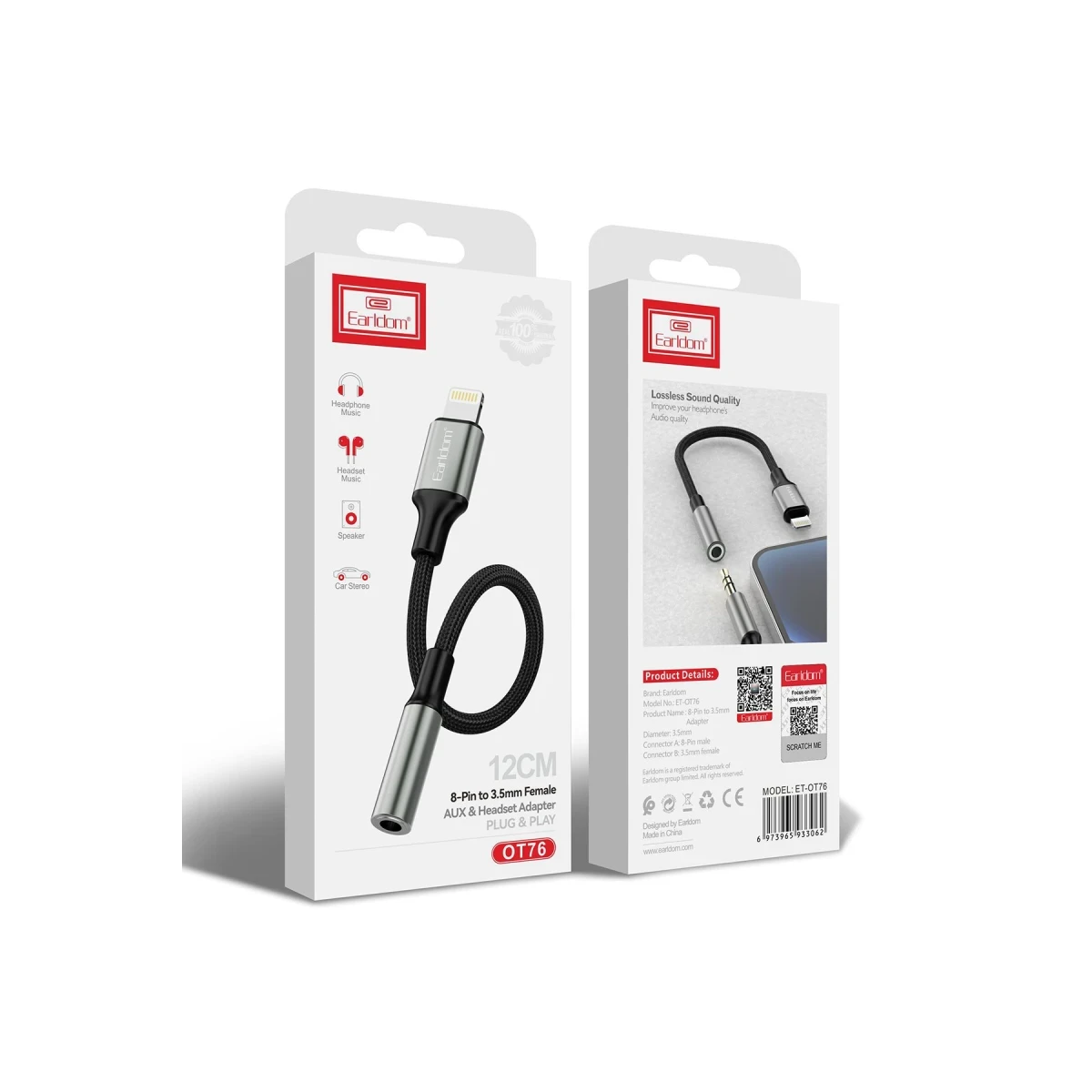 Earldom OT76 Tak Çalıştır 12cm Lightning to Aux Dönüştürücü - Gri