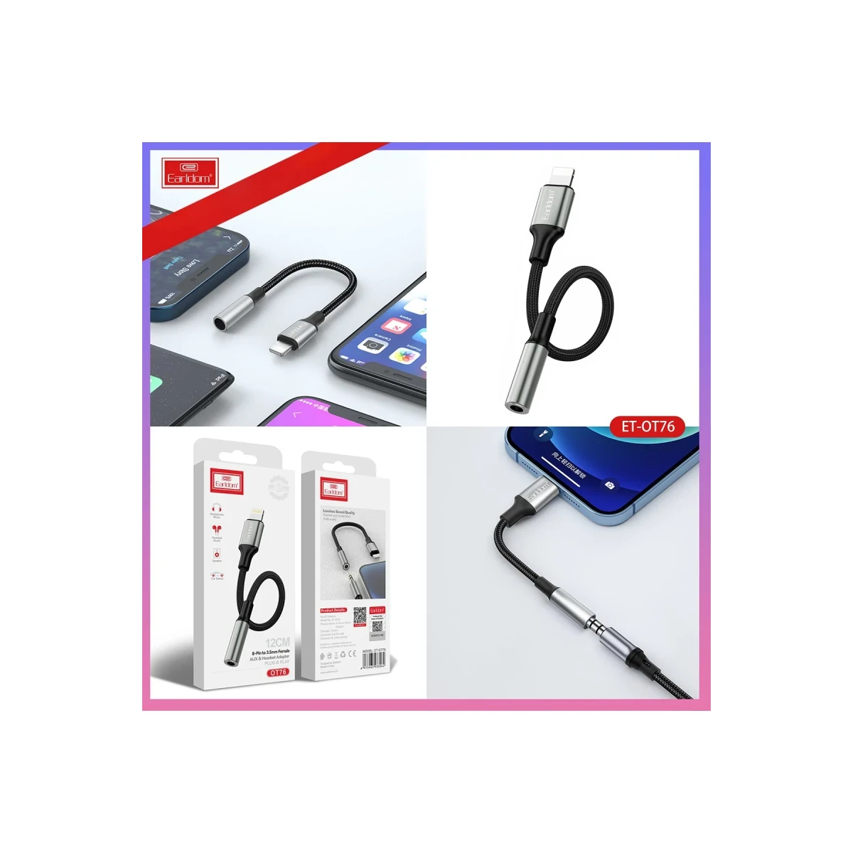 Earldom OT76 Tak Çalıştır 12cm Lightning to Aux Dönüştürücü - Gri