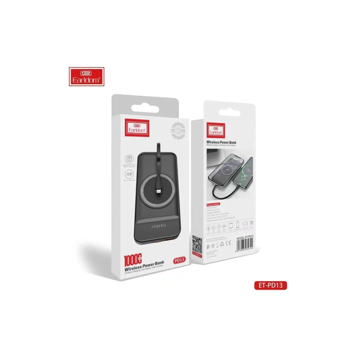 Earldom PD13 10.000 mAh Kablosuz Şarjlı PD Hızlı Şarj Powerbank - Siyah