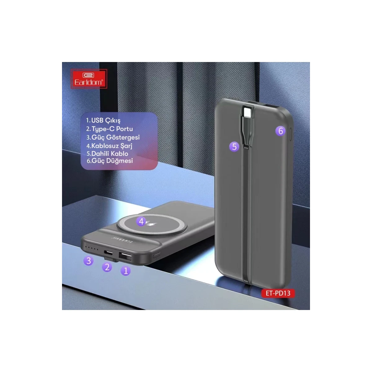 Earldom PD13 10.000 mAh Kablosuz Şarjlı PD Hızlı Şarj Powerbank - Siyah