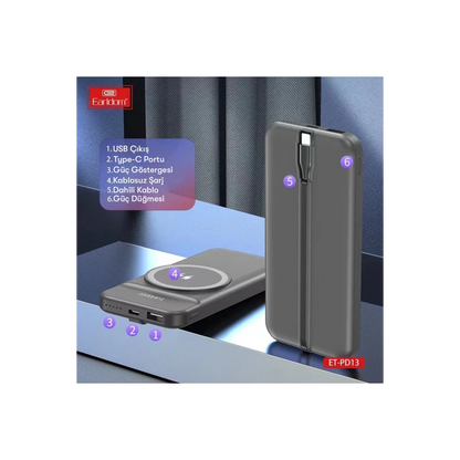 Earldom PD13 10.000 mAh Kablosuz Şarjlı PD Hızlı Şarj Powerbank - Siyah