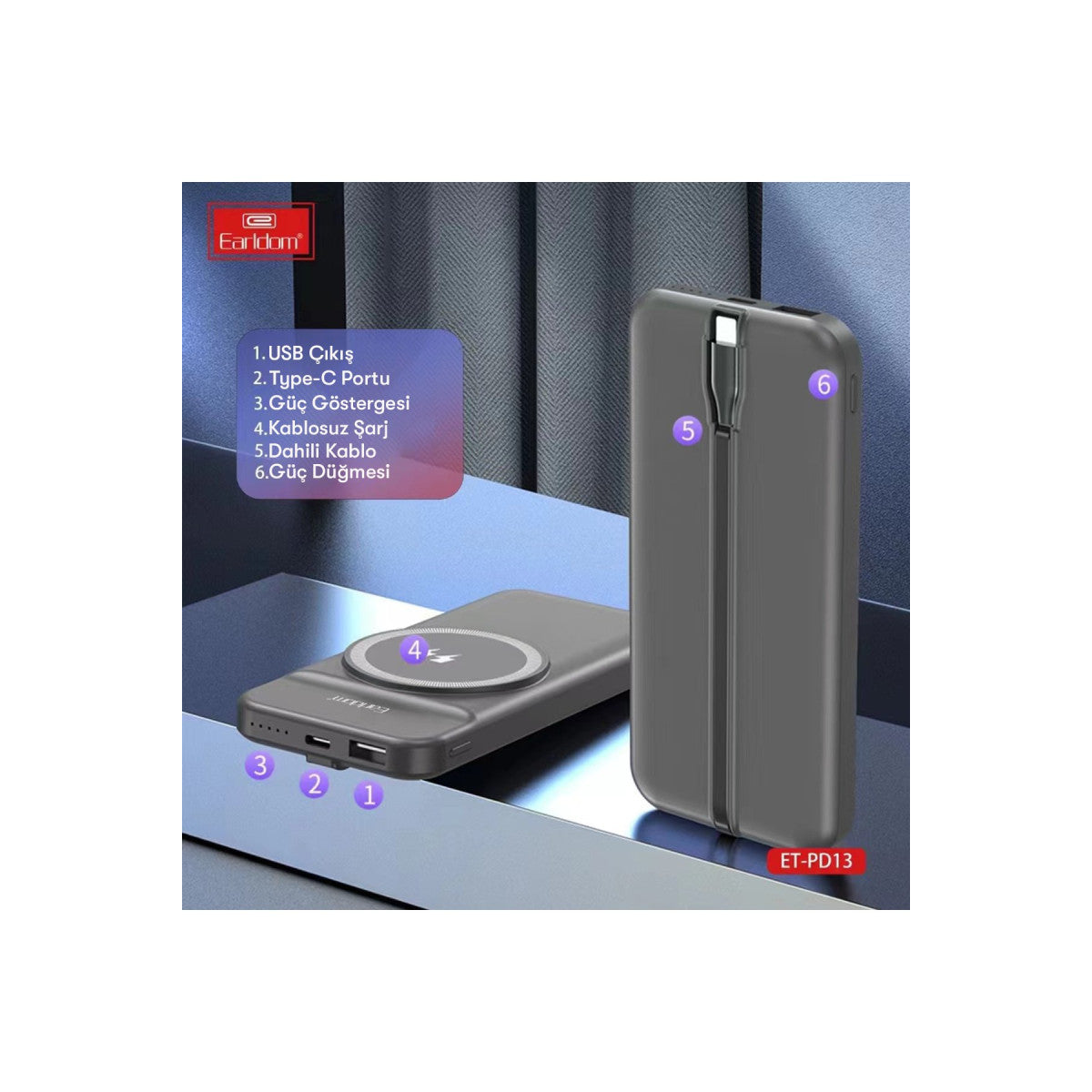 Earldom PD13 10.000 mAh Kablosuz Şarjlı PD Hızlı Şarj Powerbank