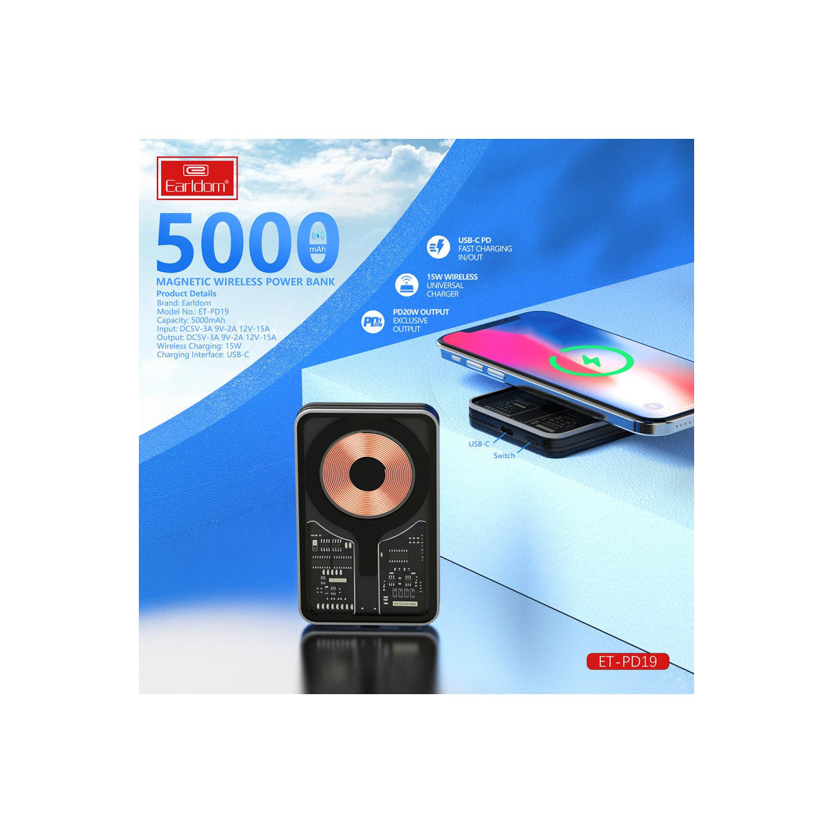 Earldom PD19 5.000 mAh Kablosuz Şarjlı Standlı PD Hızlı Şarj Powerbank