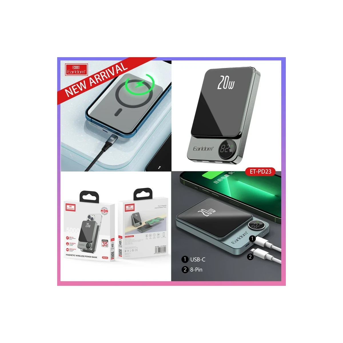 Earldom PD23 5.000 mAh 20W Kablosuz Şarjlı PD Hızlı Şarj Mini Powerbank - Mor