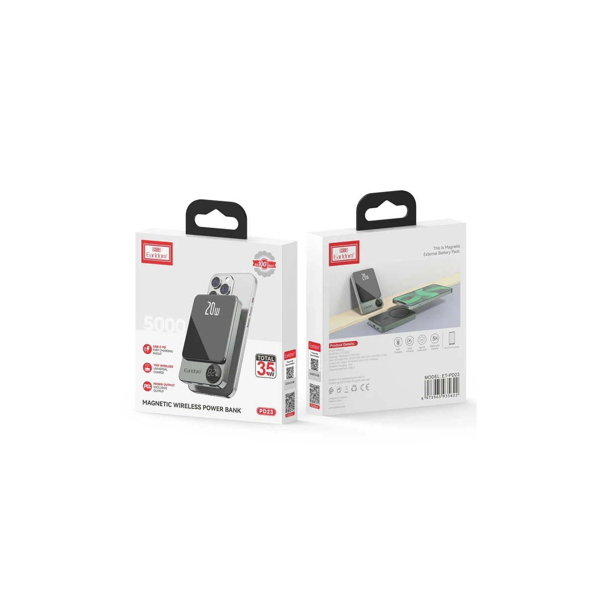 Earldom PD23 5.000 mAh 20W Kablosuz Şarjlı PD Hızlı Şarj Mini Powerbank - Mor