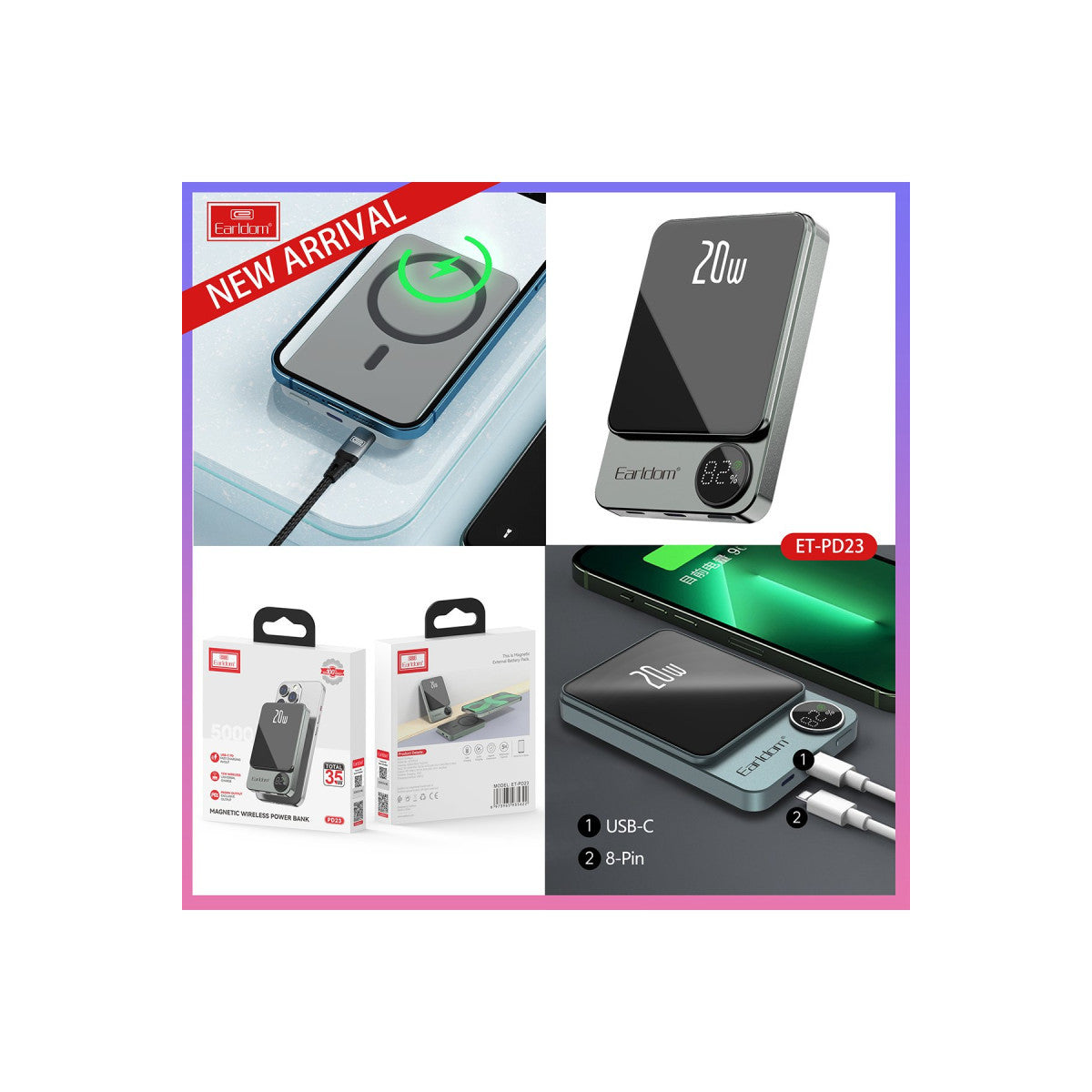 Earldom PD23 5.000 mAh 20W Kablosuz Şarjlı PD Hızlı Şarj Mini Powerbank