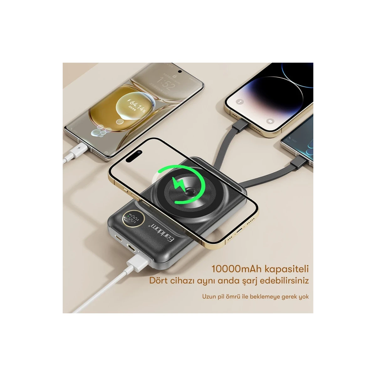 Earldom PD28 10.000 mAh 22.5W Kablosuz Şarjlı Dijital Göstergeli PD Hızlı Şarj Mini Powerbank - Mor