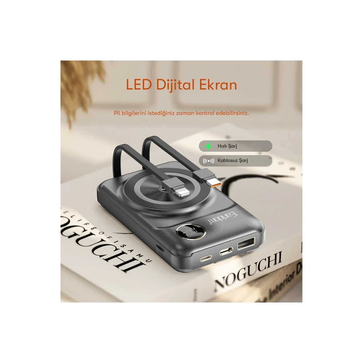 Earldom PD28 10.000 mAh 22.5W Kablosuz Şarjlı Dijital Göstergeli PD Hızlı Şarj Mini Powerbank - Siyah