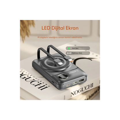 Earldom PD28 10.000 mAh 22.5W Kablosuz Şarjlı Dijital Göstergeli PD Hızlı Şarj Mini Powerbank - Siyah