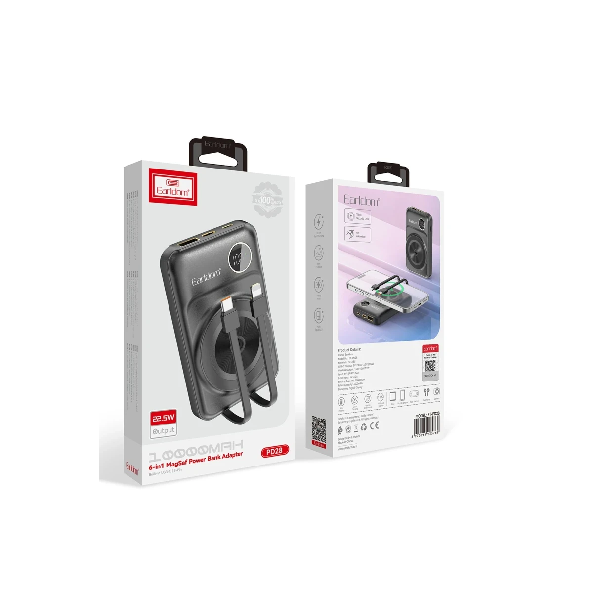 Earldom PD28 10.000 mAh 22.5W Kablosuz Şarjlı Dijital Göstergeli PD Hızlı Şarj Mini Powerbank - Siyah