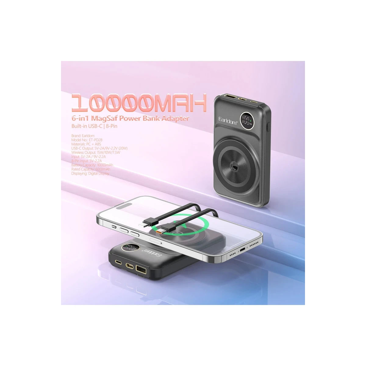 Earldom PD28 10.000 mAh 22.5W Kablosuz Şarjlı Dijital Göstergeli PD Hızlı Şarj Mini Powerbank - Siyah