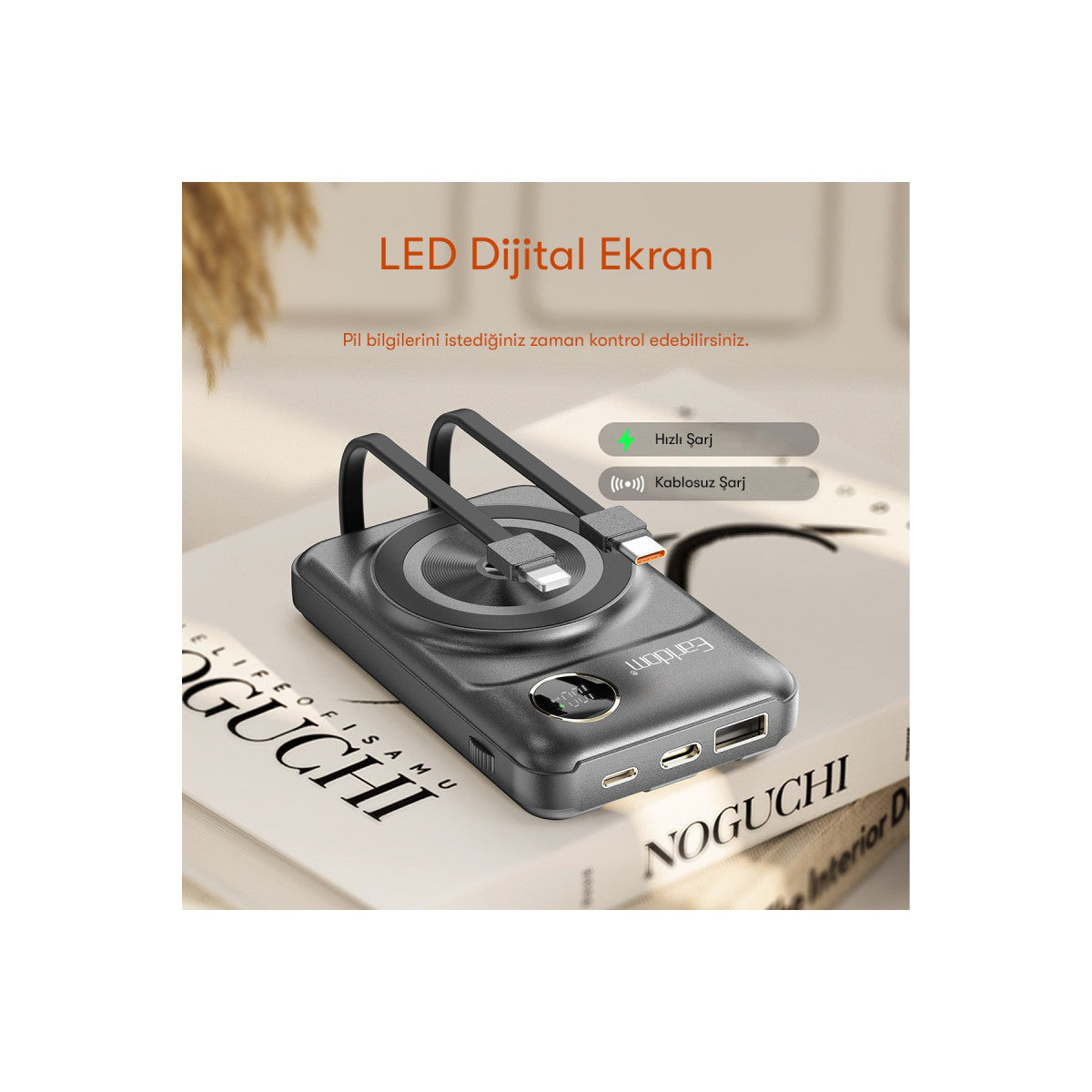Earldom PD28 10.000 mAh 22.5W Kablosuz Şarjlı Dijital Göstergeli PD Hızlı Şarj Mini Powerbank