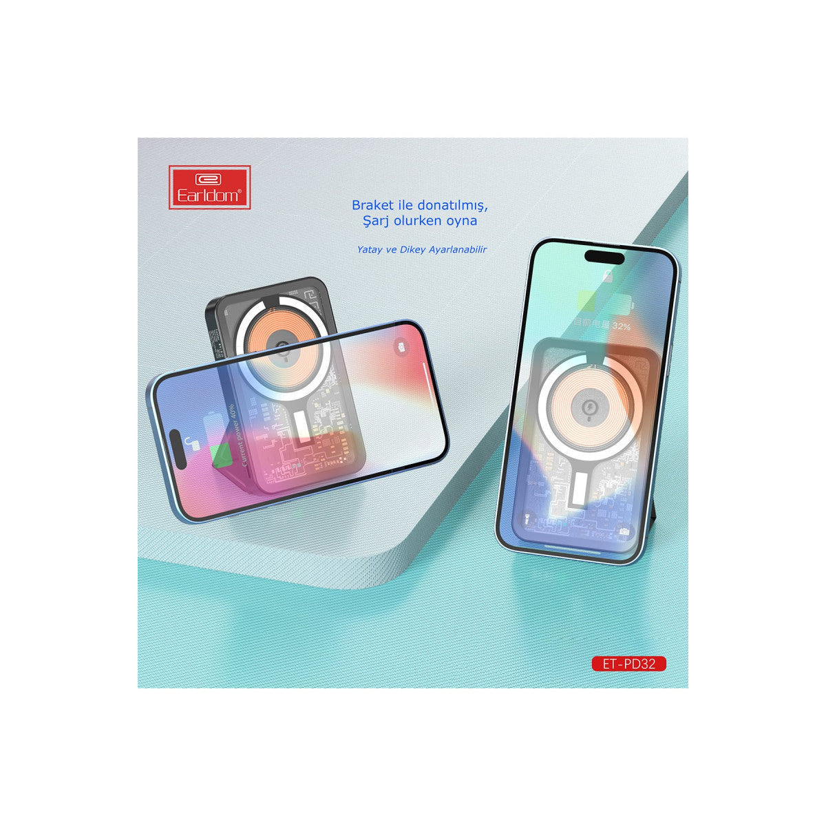 Earldom PD32 5.000 mAh 22.5W Kablosuz Şarjlı Standlı PD Hızlı Şarj Powerbank
