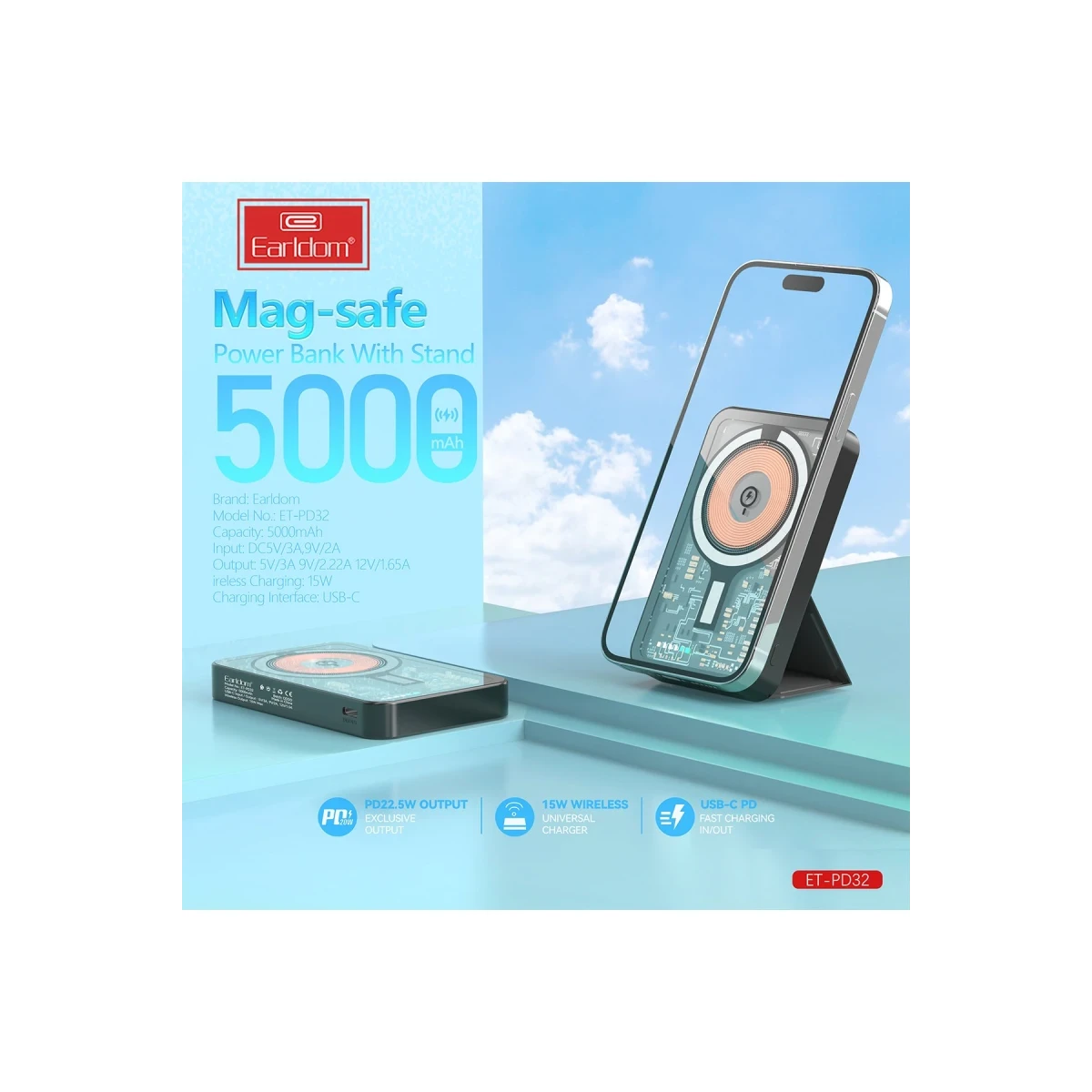 Earldom PD32 5.000 mAh 22.5W Kablosuz Şarjlı Standlı PD Hızlı Şarj Powerbank - Siyah