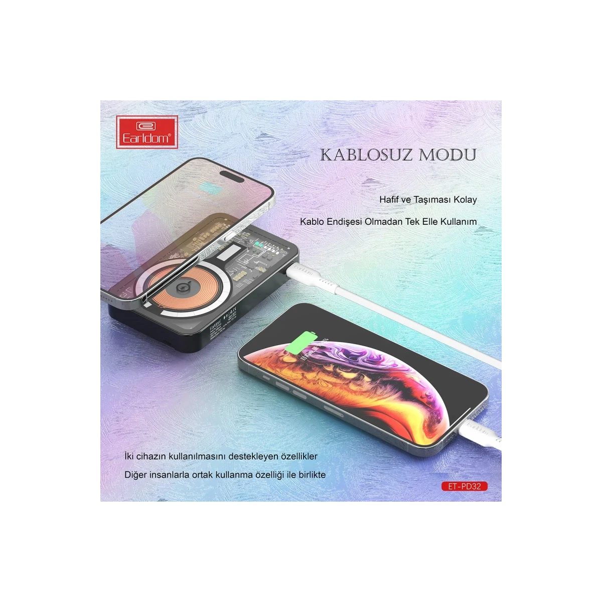 Earldom PD32 5.000 mAh 22.5W Kablosuz Şarjlı Standlı PD Hızlı Şarj Powerbank - Siyah