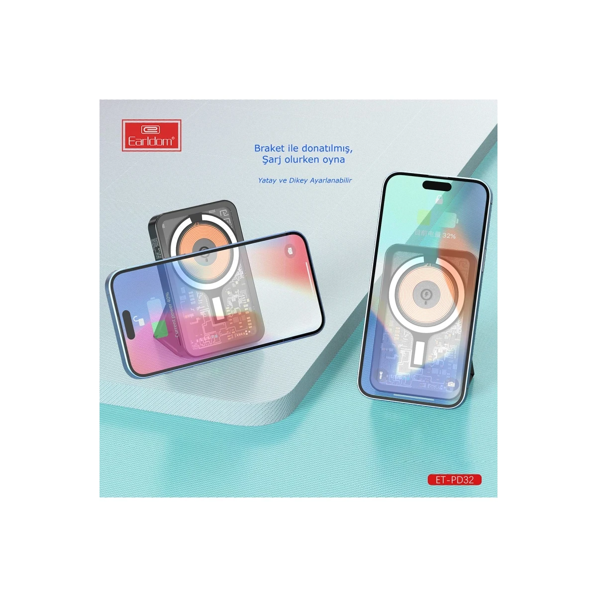Earldom PD32 5.000 mAh 22.5W Kablosuz Şarjlı Standlı PD Hızlı Şarj Powerbank - Siyah