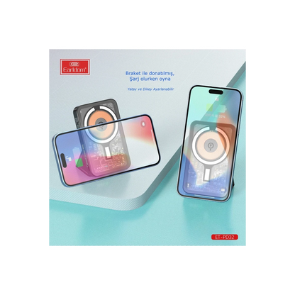 Earldom PD32 5.000 mAh 22.5W Kablosuz Şarjlı Standlı PD Hızlı Şarj Powerbank - Siyah
