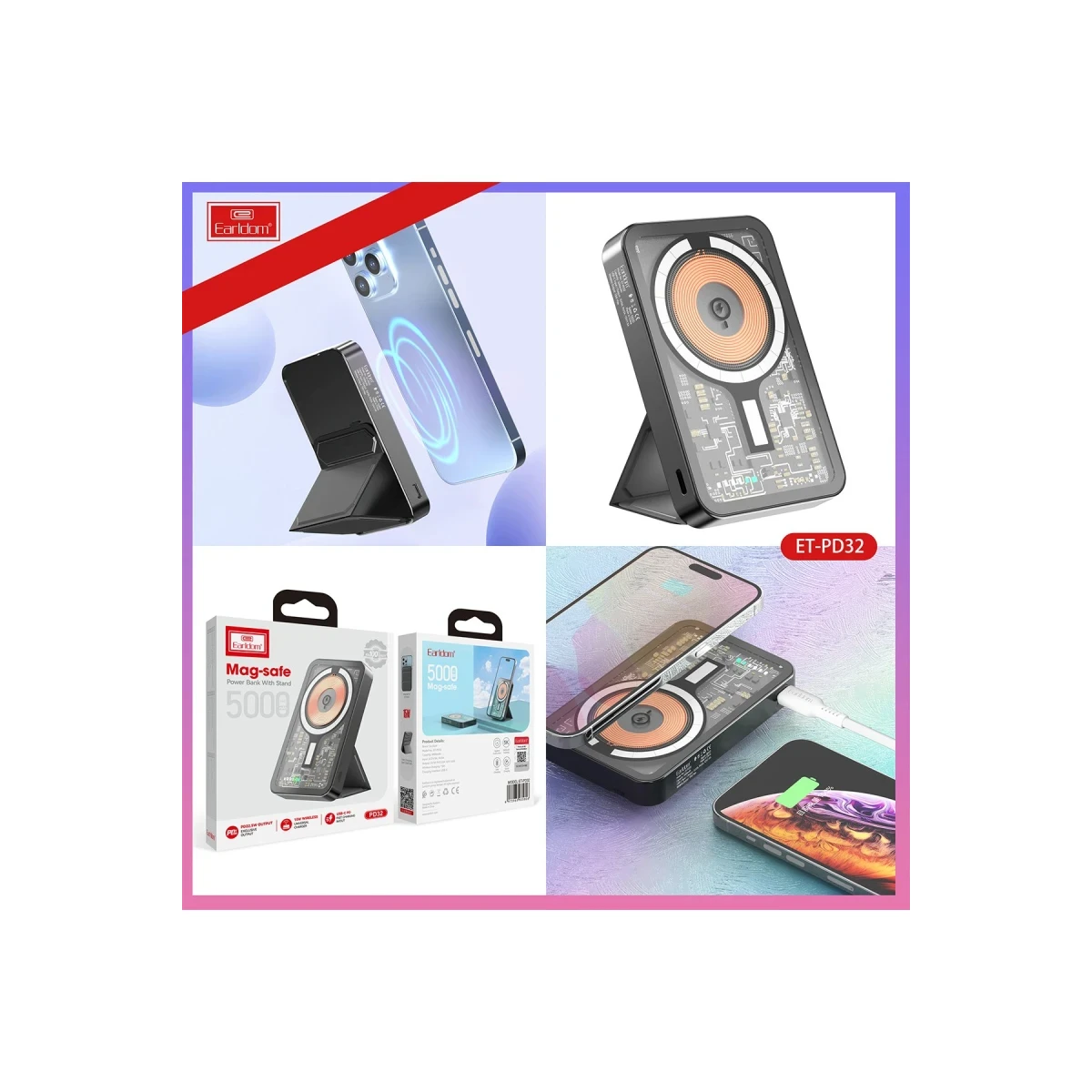 Earldom PD32 5.000 mAh 22.5W Kablosuz Şarjlı Standlı PD Hızlı Şarj Powerbank - Siyah