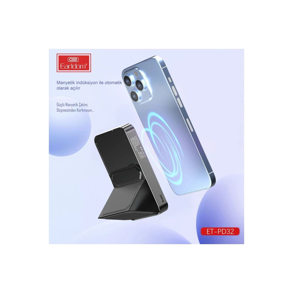 Earldom PD32 5.000 mAh 22.5W Kablosuz Şarjlı Standlı PD Hızlı Şarj Powerbank - Siyah