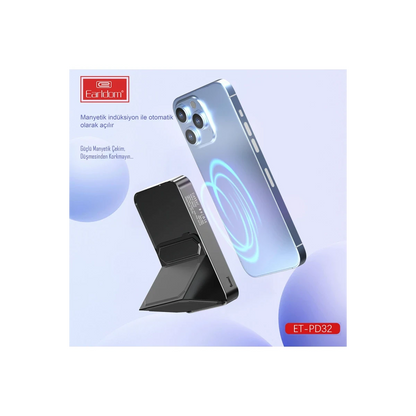 Earldom PD32 5.000 mAh 22.5W Kablosuz Şarjlı Standlı PD Hızlı Şarj Powerbank - Siyah