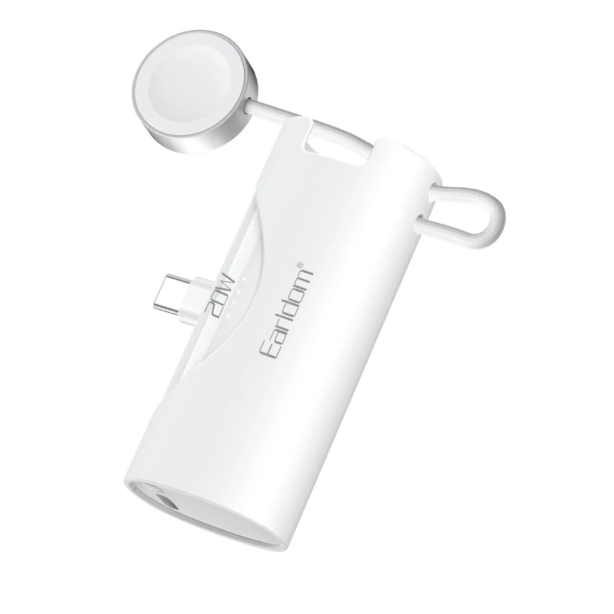 Earldom PD46 5.000 mAh 20W Dahili Type-C Çıkışlı Ekstra Dahili 2.5W Saat Şarj Kablolu PD Hızlı Şarj Mini Powerbank - Beyaz