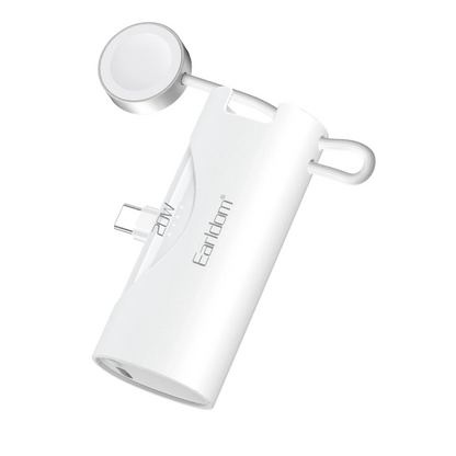 Earldom PD46 5.000 mAh 20W Dahili Type-C Çıkışlı Ekstra Dahili 2.5W Saat Şarj Kablolu PD Hızlı Şarj Mini Powerbank - Beyaz