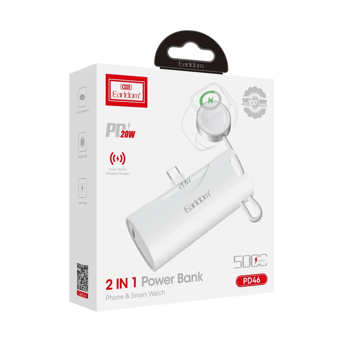 Earldom PD46 5.000 mAh 20W Dahili Type-C Çıkışlı Ekstra Dahili 2.5W Saat Şarj Kablolu PD Hızlı Şarj Mini Powerbank - Siyah