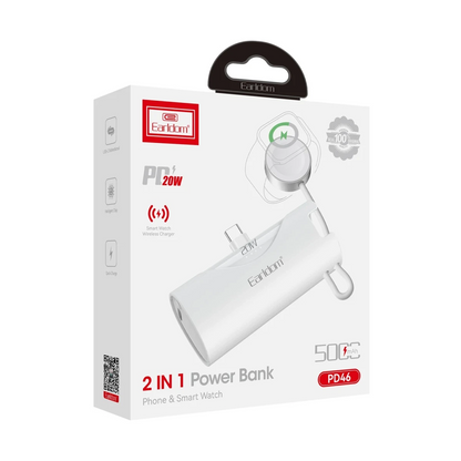 Earldom PD46 5.000 mAh 20W Dahili Type-C Çıkışlı Ekstra Dahili 2.5W Saat Şarj Kablolu PD Hızlı Şarj Mini Powerbank - Siyah