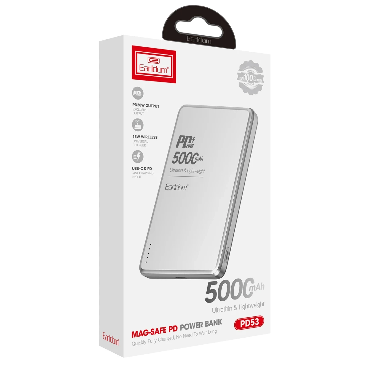 Earldom PD53 5.000 mAh 15W Kablosuz Şarj ve 20W Type-C Çıkışlı PD Hızlı Şarj Powerbank - Gümüş