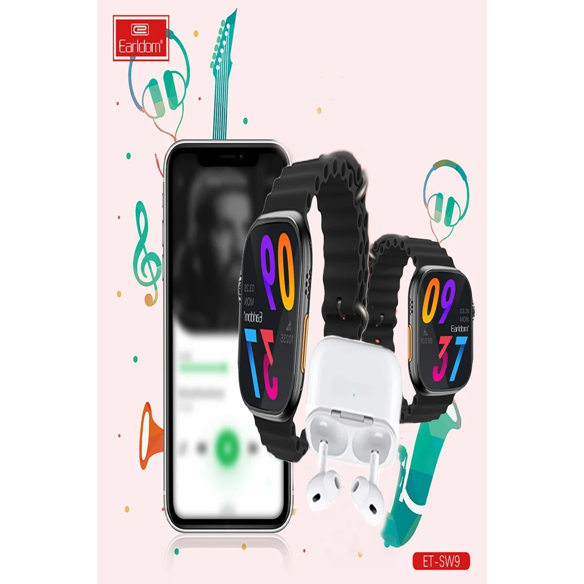 Earldom SW9 Akıllı Saat ve Airpods Kulaklık Set - Siyah