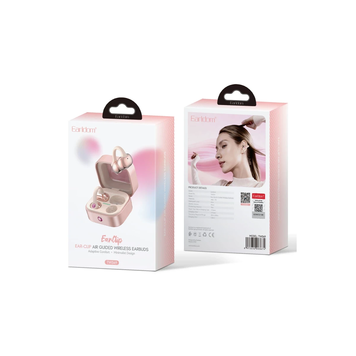 Earldom TWS49 BT 6.0 IPX4 Destekli Air Guided Ear-Clip Kablosuz TWS Kulaklık - Pembe