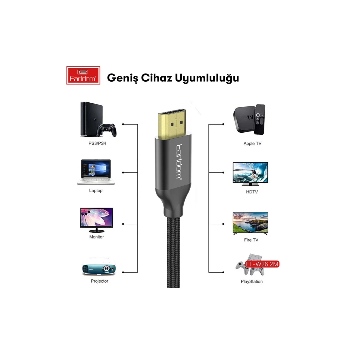 Earldom W26 2m 4K Altın Uçlu Hasır HDMI Kablo - Siyah