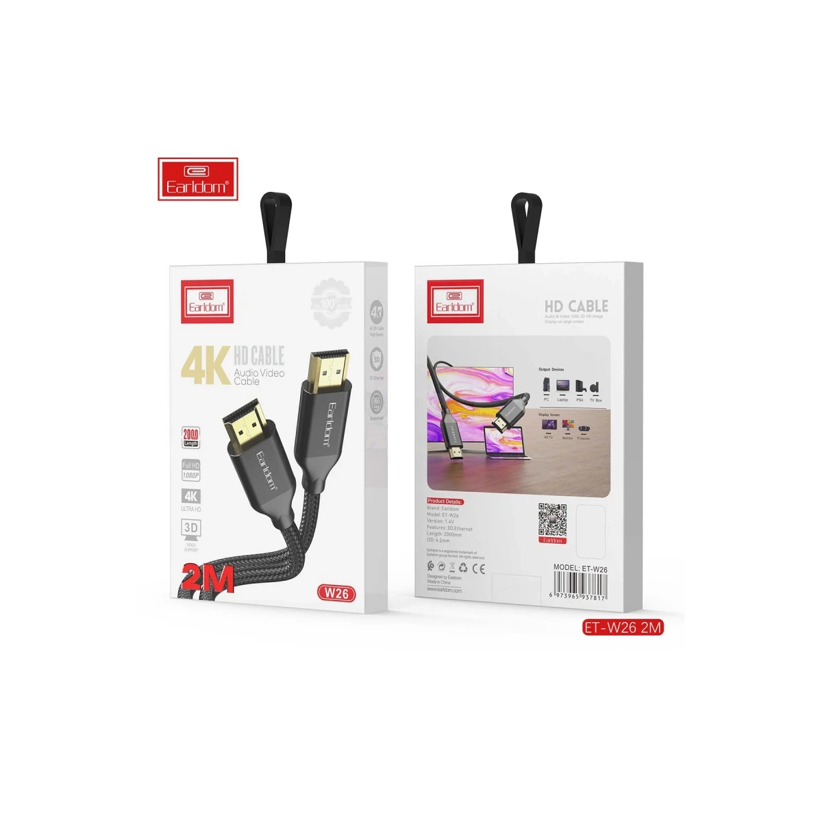 Earldom W26 2m 4K Altın Uçlu Hasır HDMI Kablo - Siyah